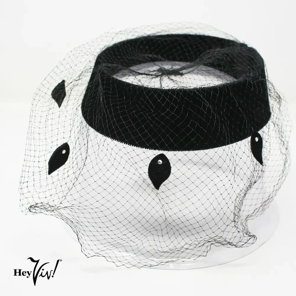 Vintage Black Velvet Halo Ring Hat w Veil and Rhinestone Leaf Trim - Hey Viv